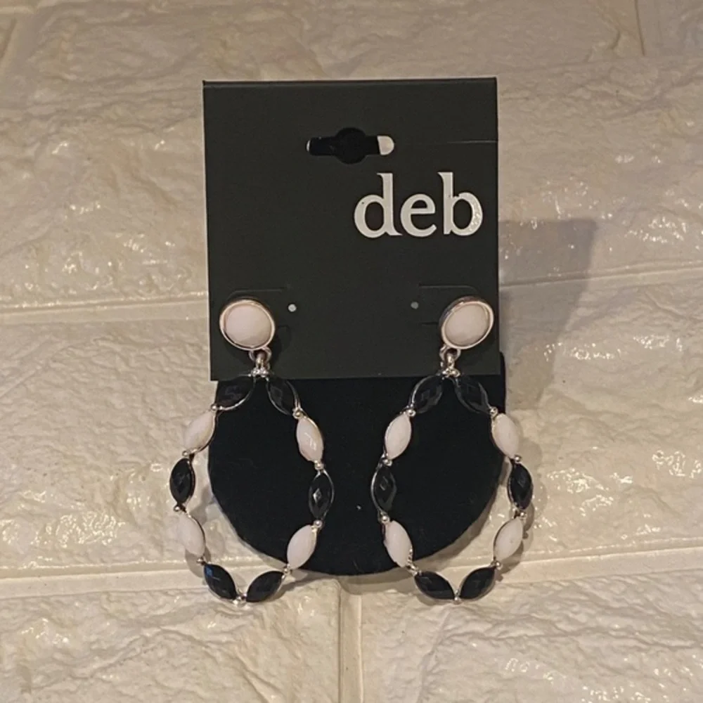 Deb Hoop Earrings Women Black White Beaded Silver Tone‎ Y2K Glam Party